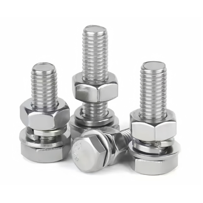 Stainless steel hex bolt assemblies with hex nuts flat washers and spring washers